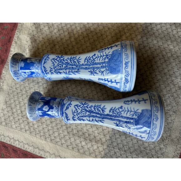2 China Chinese Blue & White Porcelain Candlesticks Bamboo Prunus & Fungi pair - Picture 5 of 16